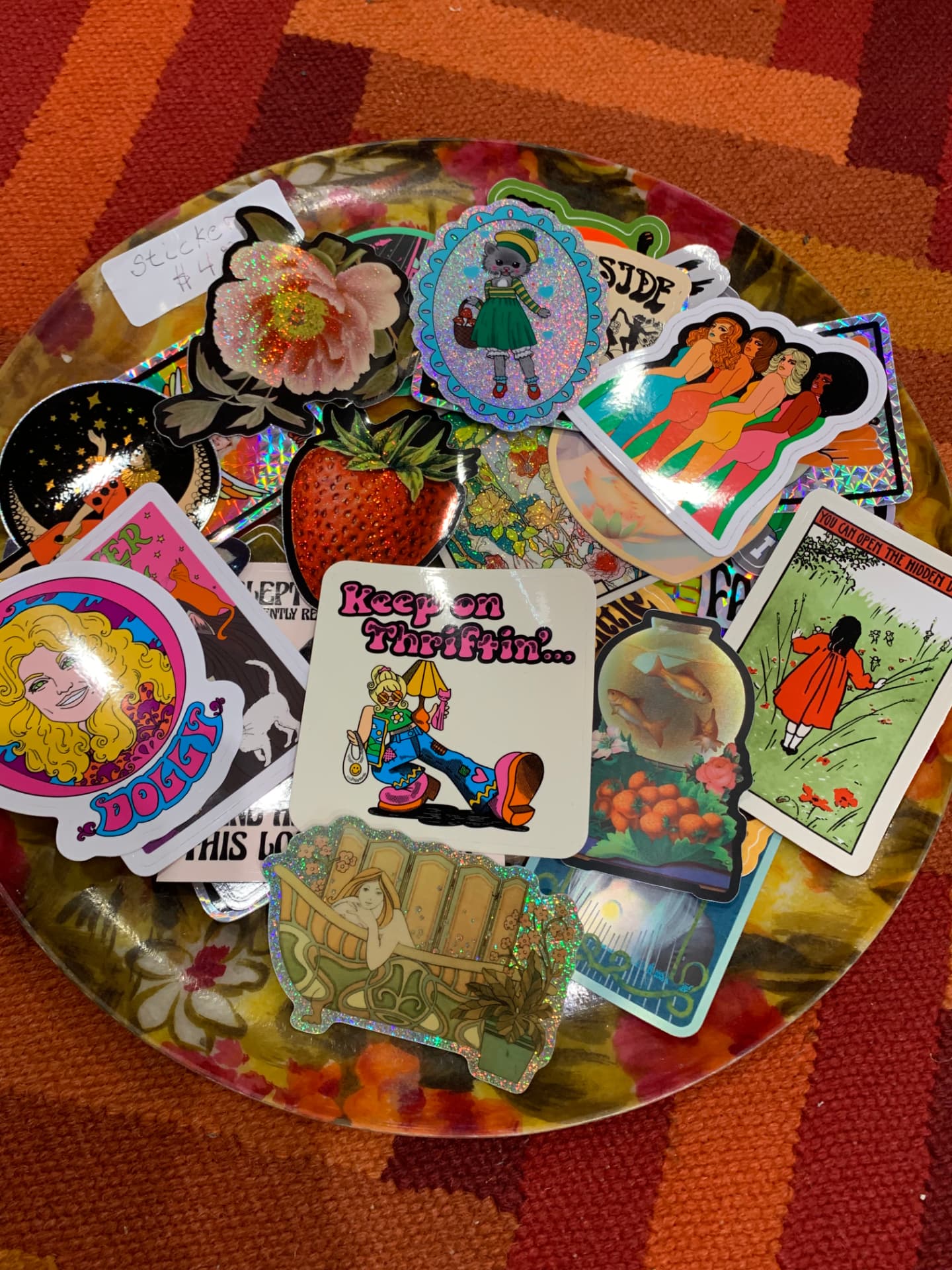 Plate of retro and glitter stickers