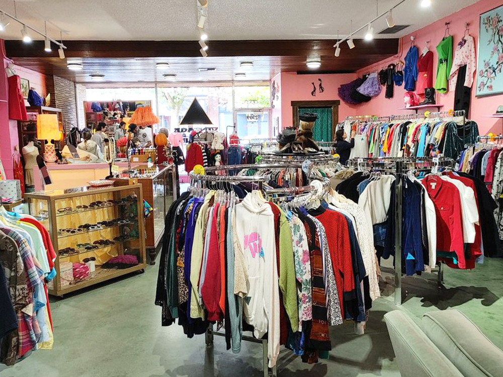 Inside The Urban Eccentric, racks of vintage clothing and pink walls