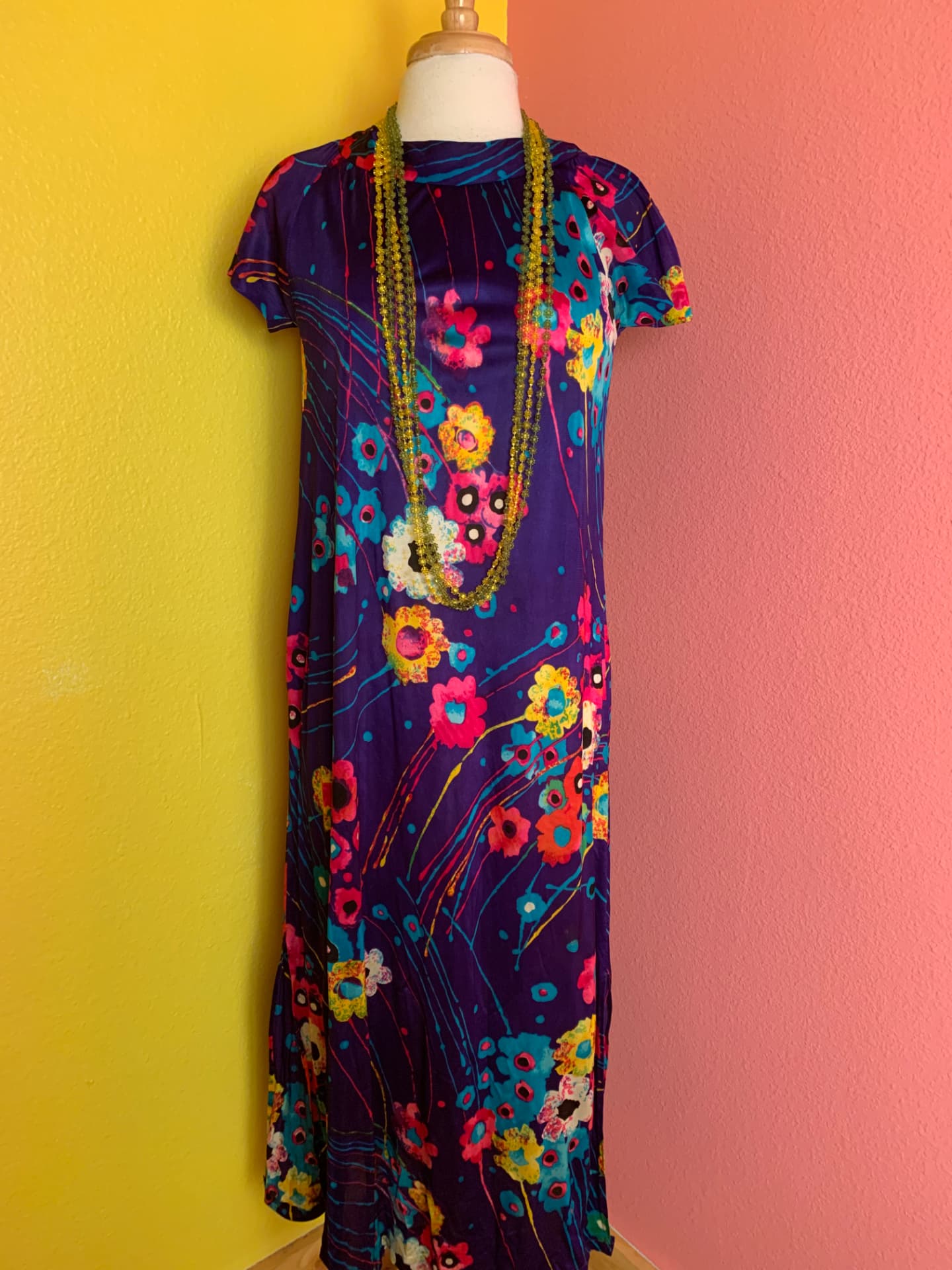 Purple psychedelic floral maxi dress with green beads