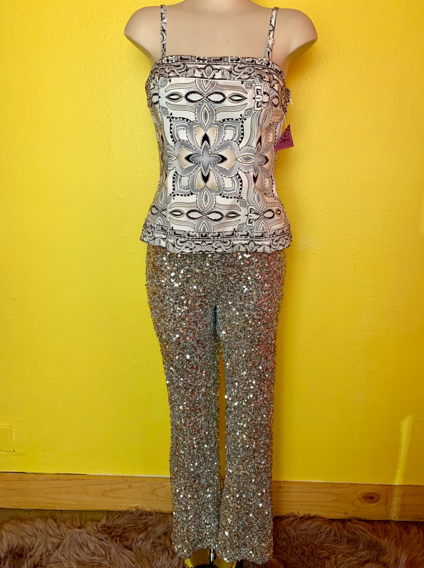 Printed camisole with silver sequin flare pants