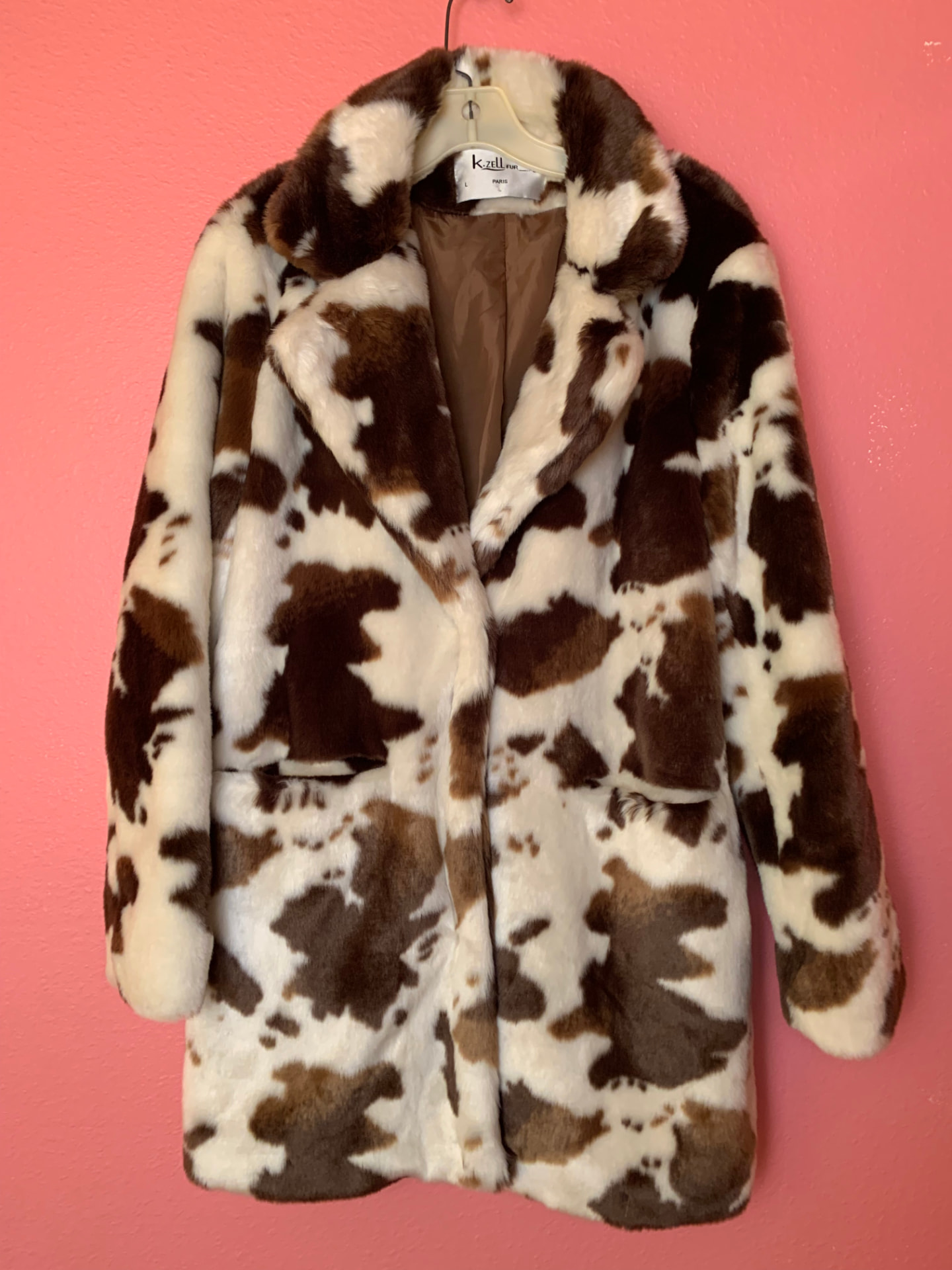 Brown and white faux fur cow-print coat